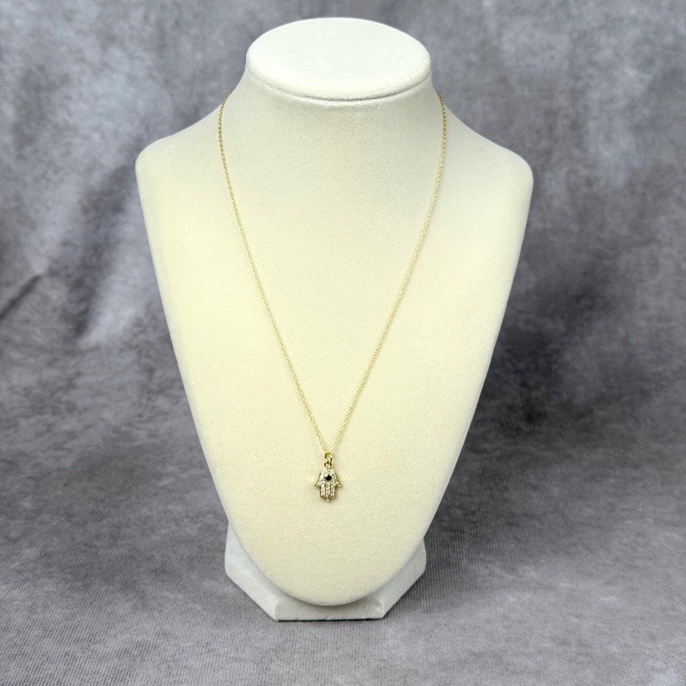 Gold Over Sterling Silver Hamsa Hand Pendant Necklace Blue Accent Stone 18"